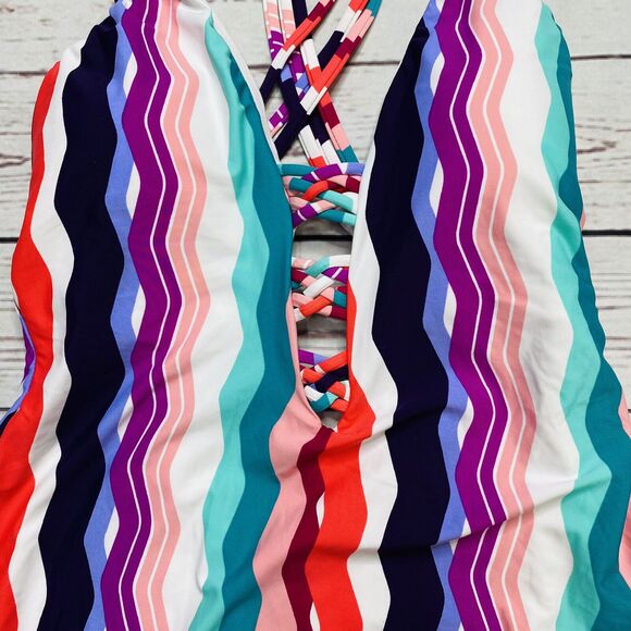 Bar III Waves Chevron Printed Strappy High Leg One-Piece Swimsuit S Teal Pink - Picture 4 of 7